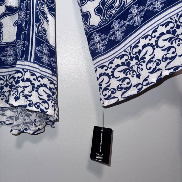 NWT INC Womens Boho Blue & White Long Sleeve Top Size L Damask Scroll - Picture 6 of 7